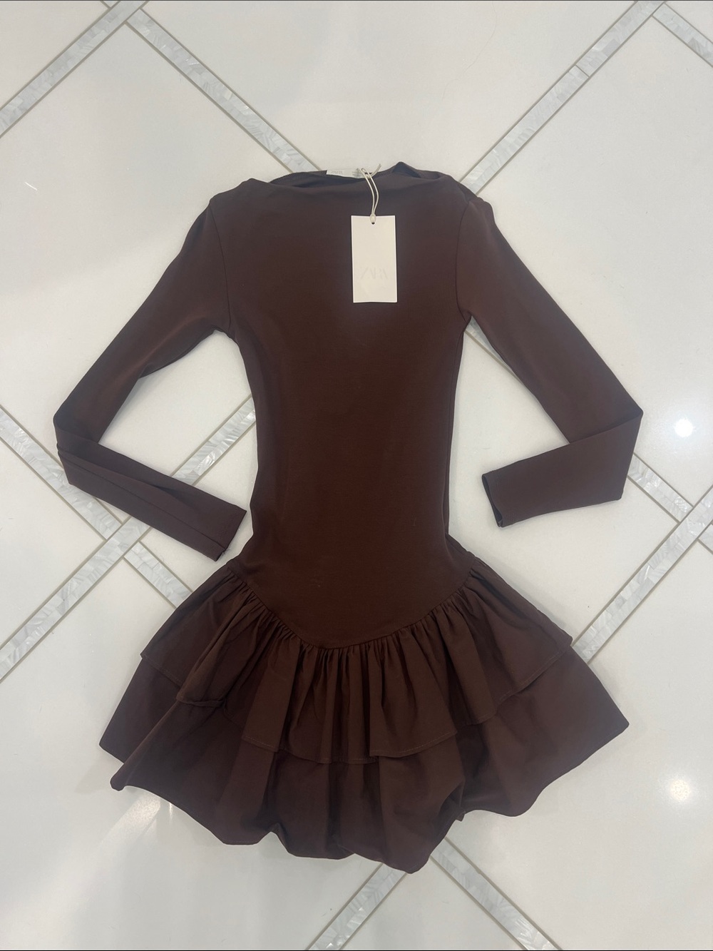 Long-Sleeve Brown Ruffle Hem Dress